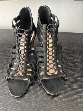 Vince Camuto Elanso Black Cage Lace-Up High Heel Sandals